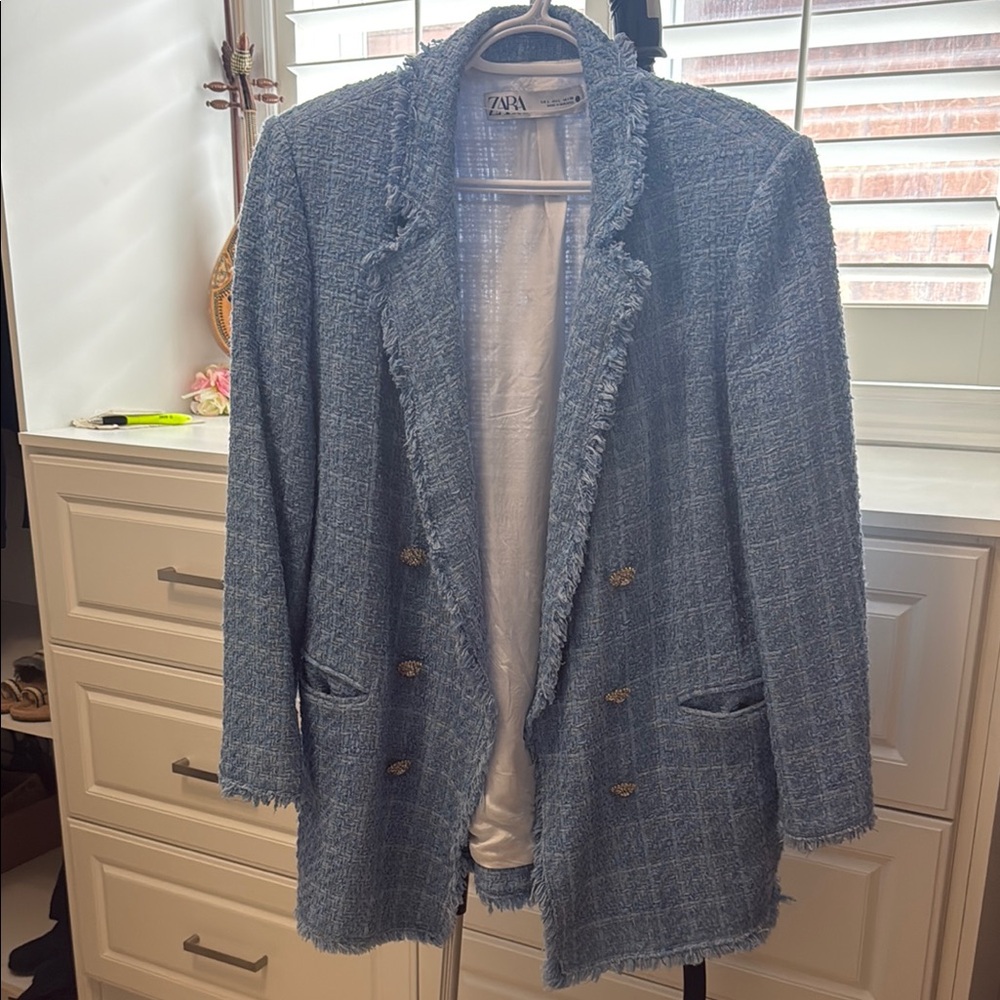 Zara Blue Blazer Tweed Suit Jacket